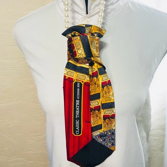 Classical Theater Patterned Necktie with Colorful Flower Brooch - Picture 3 of 4